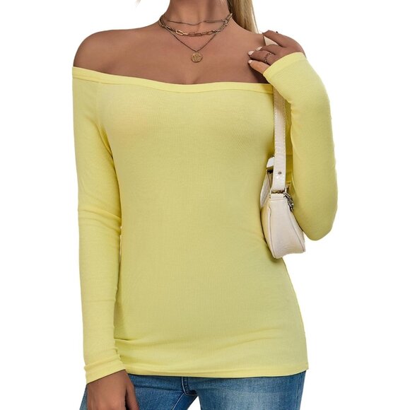 🆕 Women Yellow Long Sleeve Shoulder Tops Ribbed Basic Trendy Stretchy Shirt Off - Picture 2 of 6